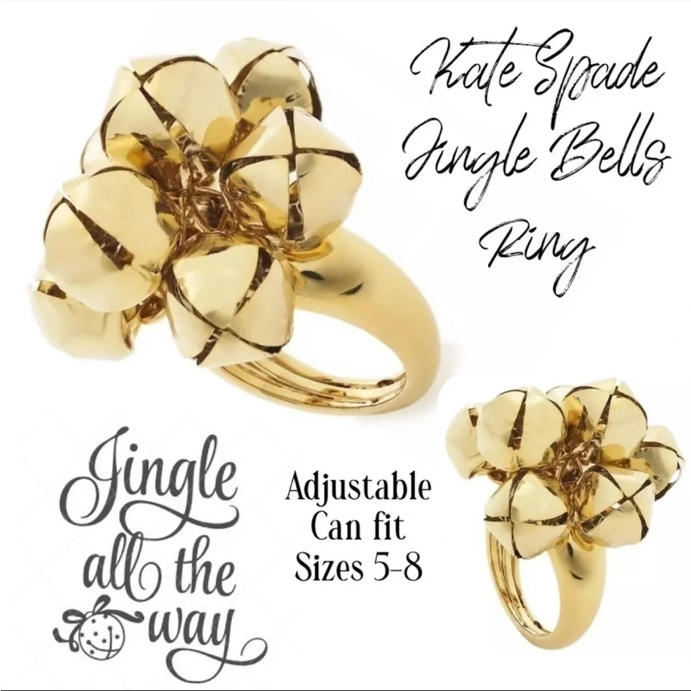 Kate Spade Jingle Bells Adjustable size 6 7 8 Christmas Gold Ring